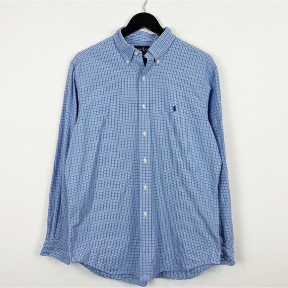 Ralph Lauren Blue Plaid Striped Classic Fit Button Down Cotton Size 16 L - Picture 1 of 5